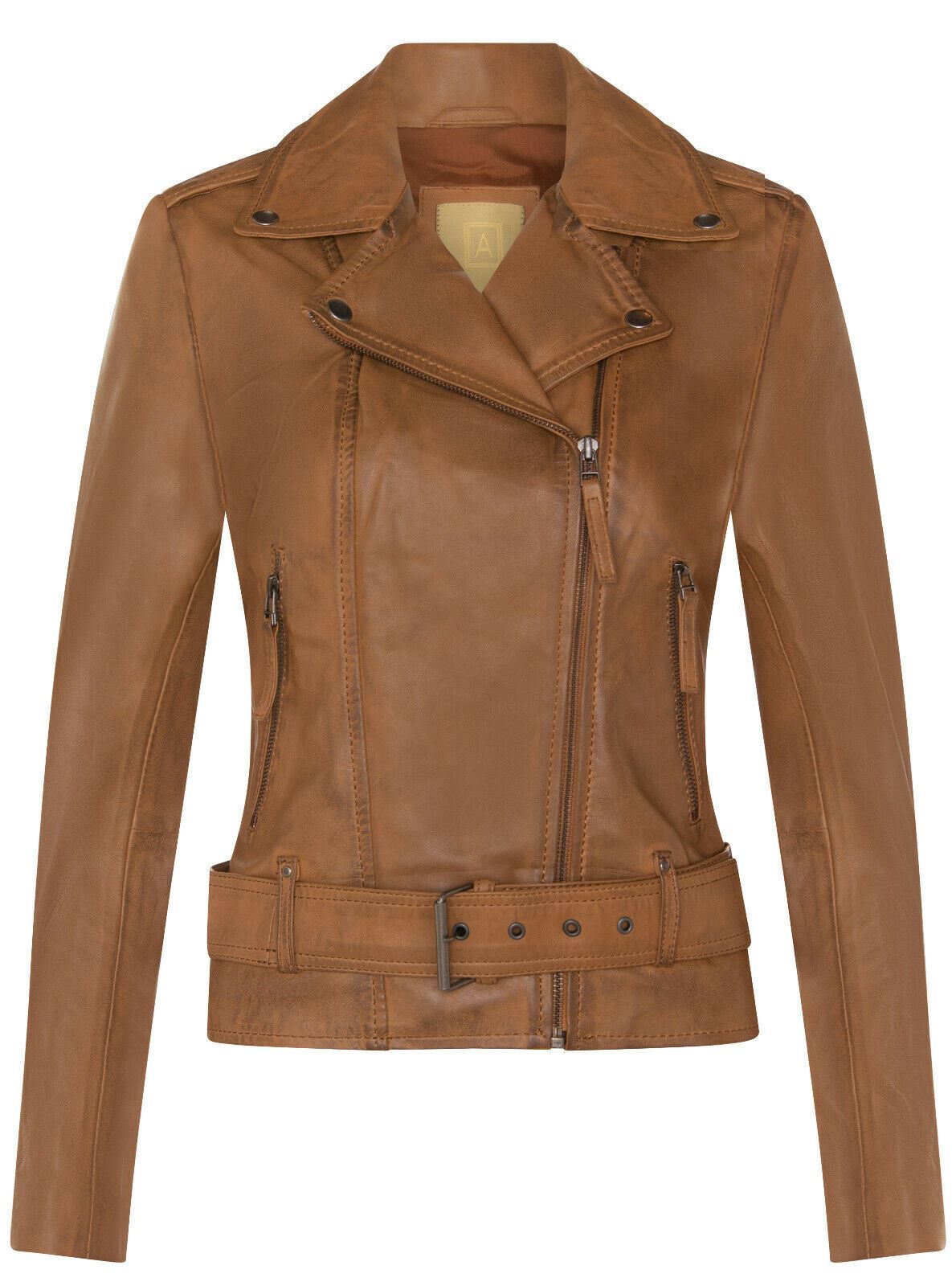 Womens Vintage Leather Biker Jacket-Malton - Upperclass Fashions