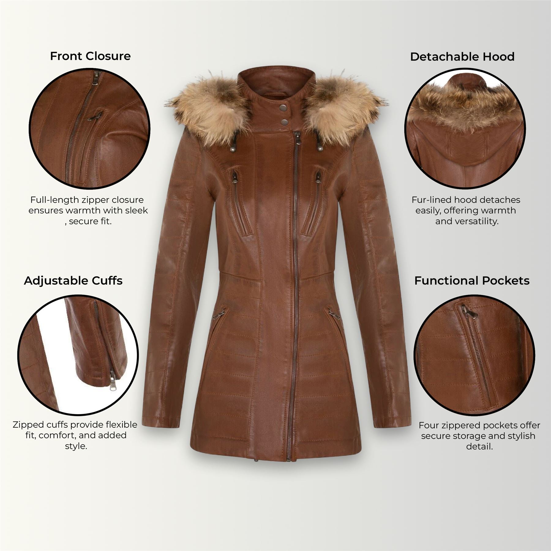Womens Slim Fit Leather Hooded Parka Jacket-Northam