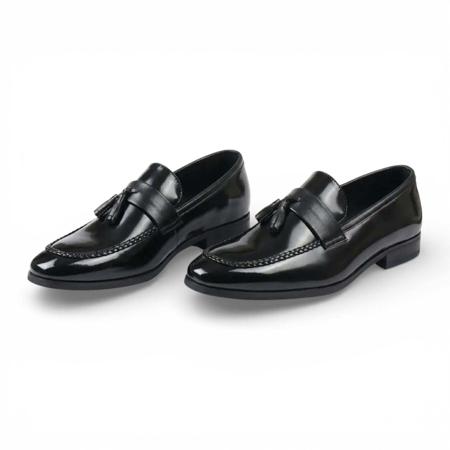 Mens Olive Tassel High-Gloss Patent Faux Leather Formal Loafers Shoes