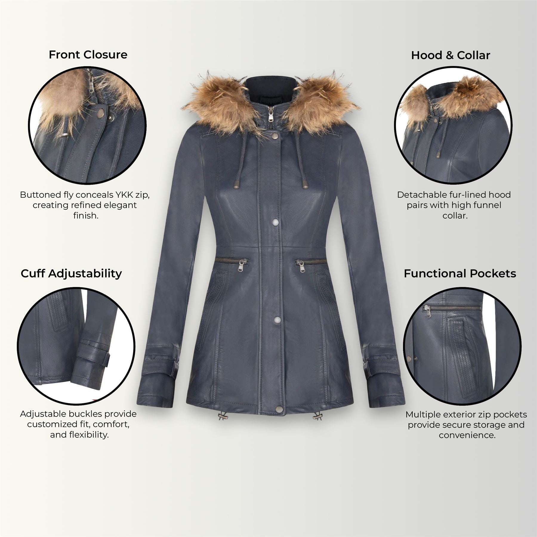 Womens Warm Leather Hooded Parka Jacket-Northwich