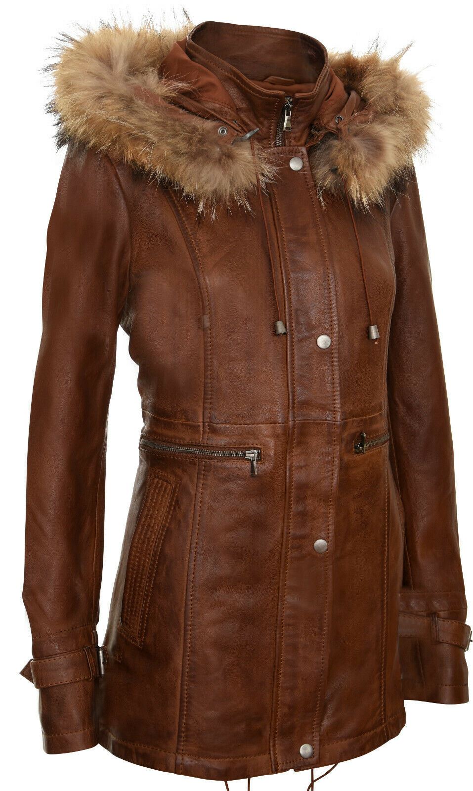 Womens Warm Leather Hooded Parka Jacket-Northwich