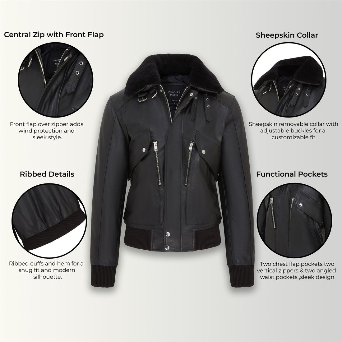 Mens Black Leather Cowhide Aviator Bomber Jacket - Akhiok