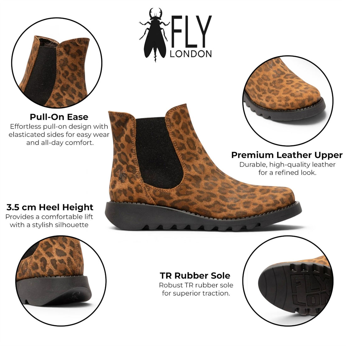 Fly London Womens Leopard Tan Chelsea Suede Leather Ankle Boots - SALV195