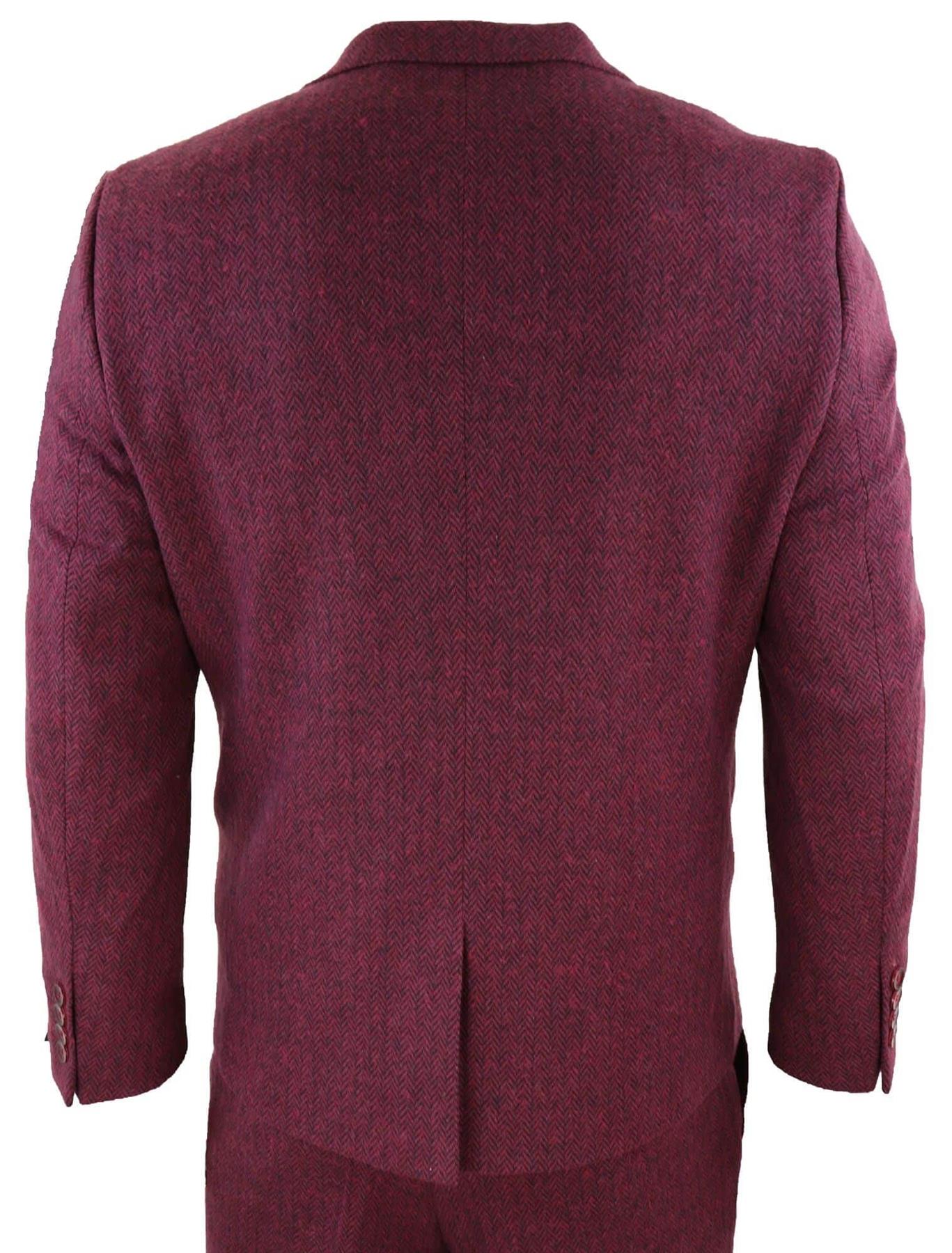 Mens 3 Piece Wine Herringbone Wool Tweed Retro Suit