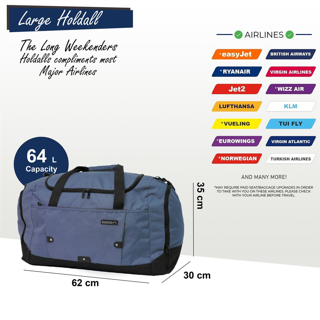 Extra Large Duffel Weekend Holdall Carry-On Cabin Bag Gym Sports Travel Bag Navy