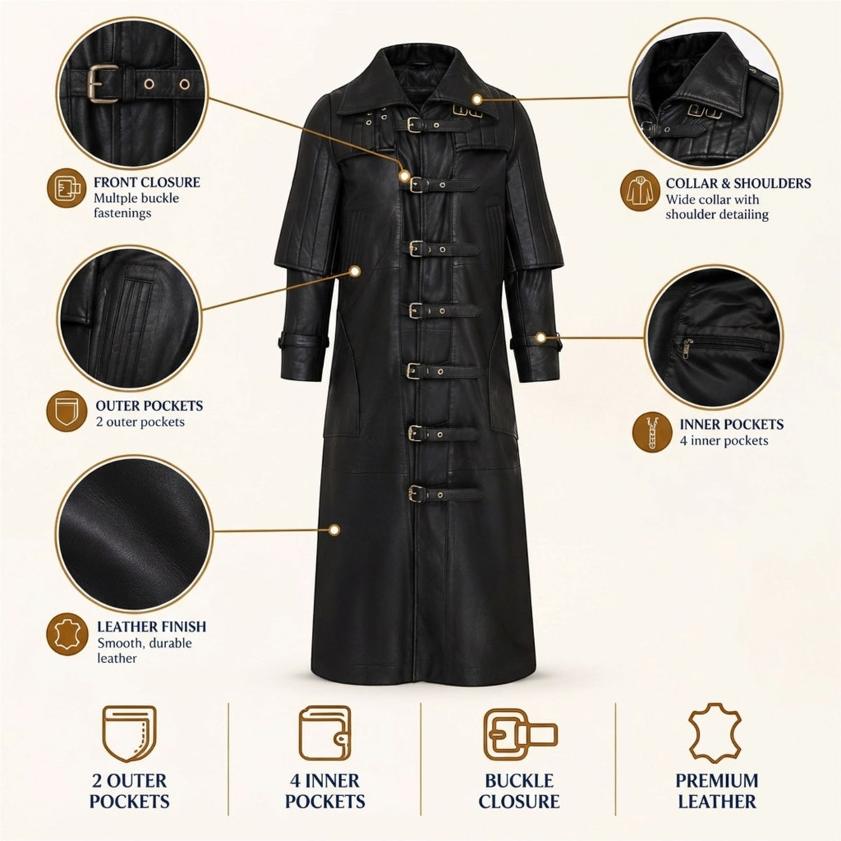 Mens Leather Full Length Buckle Gothic Long Trench Coat - Captain