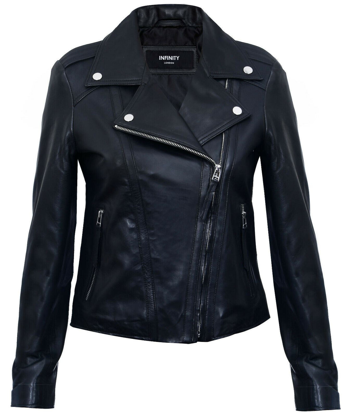 Womens Classic Black Leather Biker Jacket-Maryport - Upperclass Fashions 
