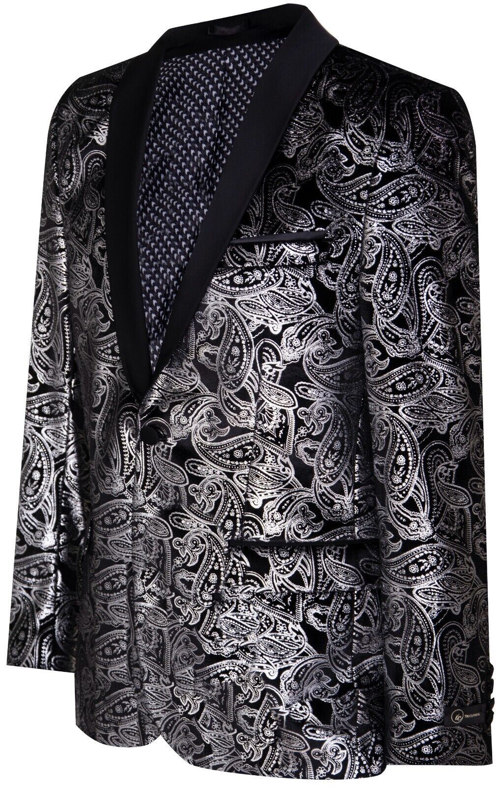 Mens Classic Silver Paisley Black Velvet Tuxedo Dinner Jacket Tailored Blazer