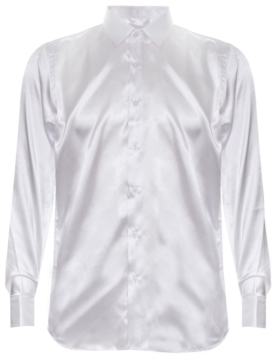 Mens White Satin Silk Shirt Smart Casual Button Down Cuff Tailored Fit