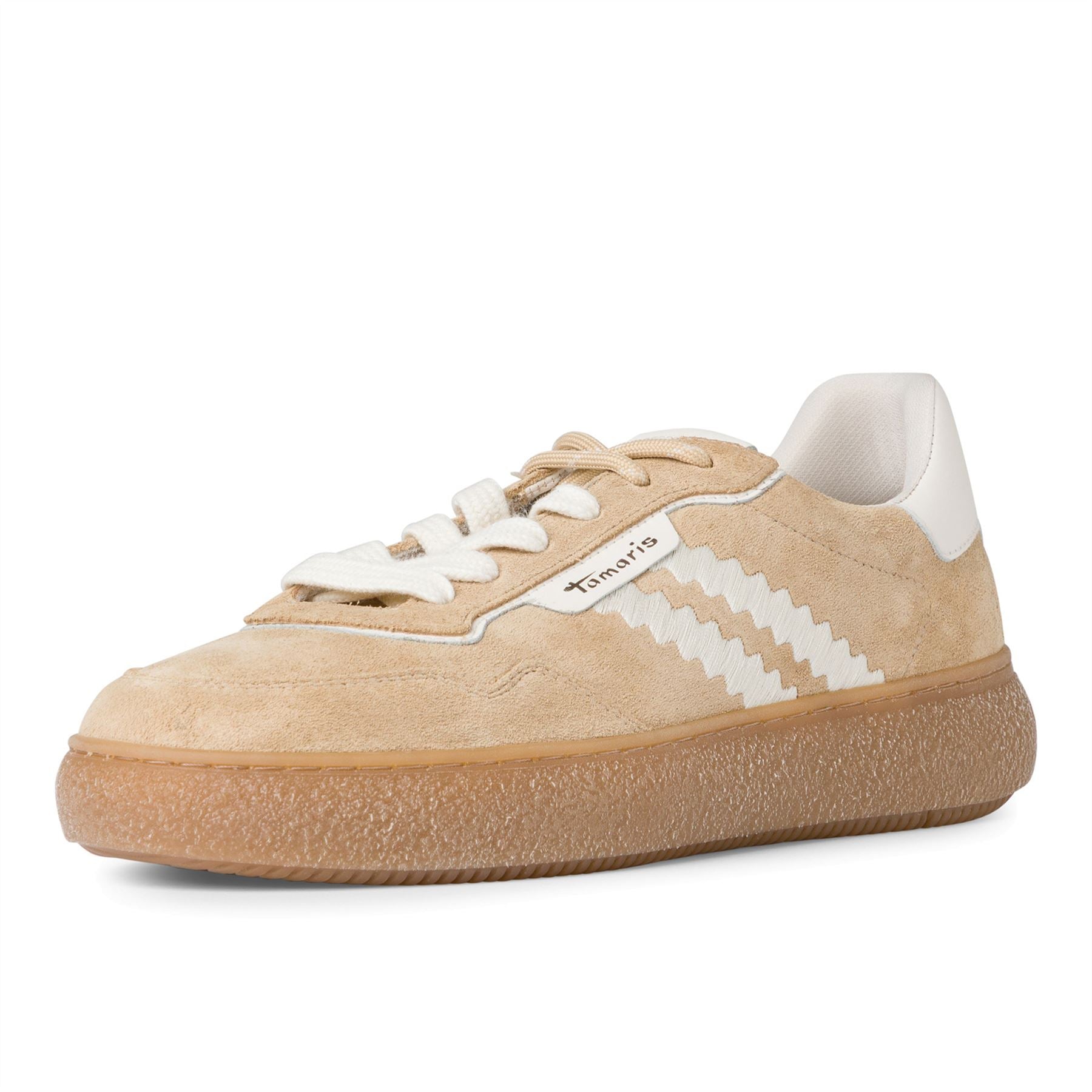 Tamaris Womens Beige White Leather Fashion Stripe Lace Up Sneakers