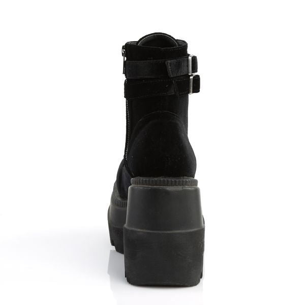 Demonia Shaker 52 Black Velvet Stacked Wedge Ankle Boots