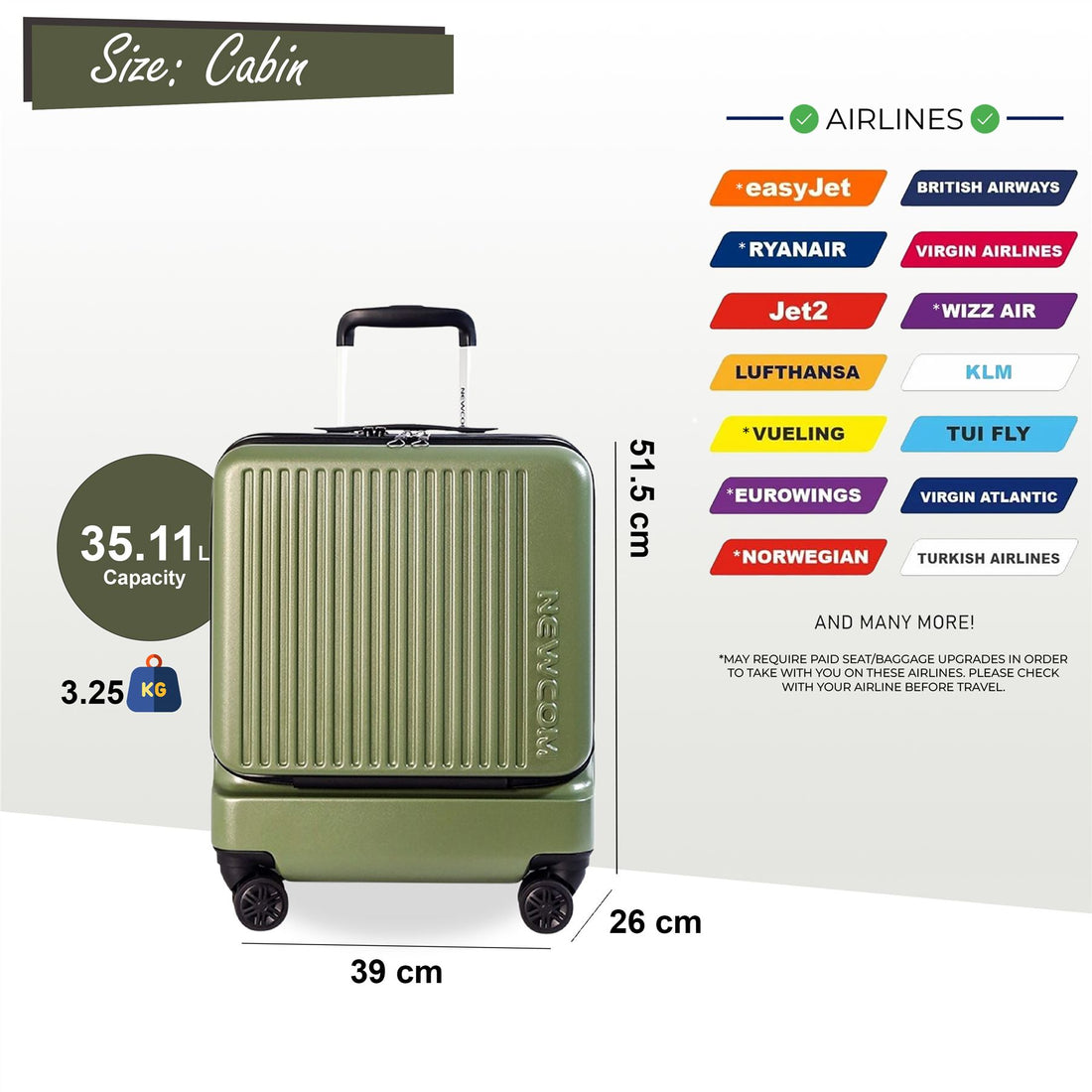 Durable EasyJet Ryanair 39 x 26 x 51.5 cm Olive Green Front Open Cabin Luggage Travel Suitcase