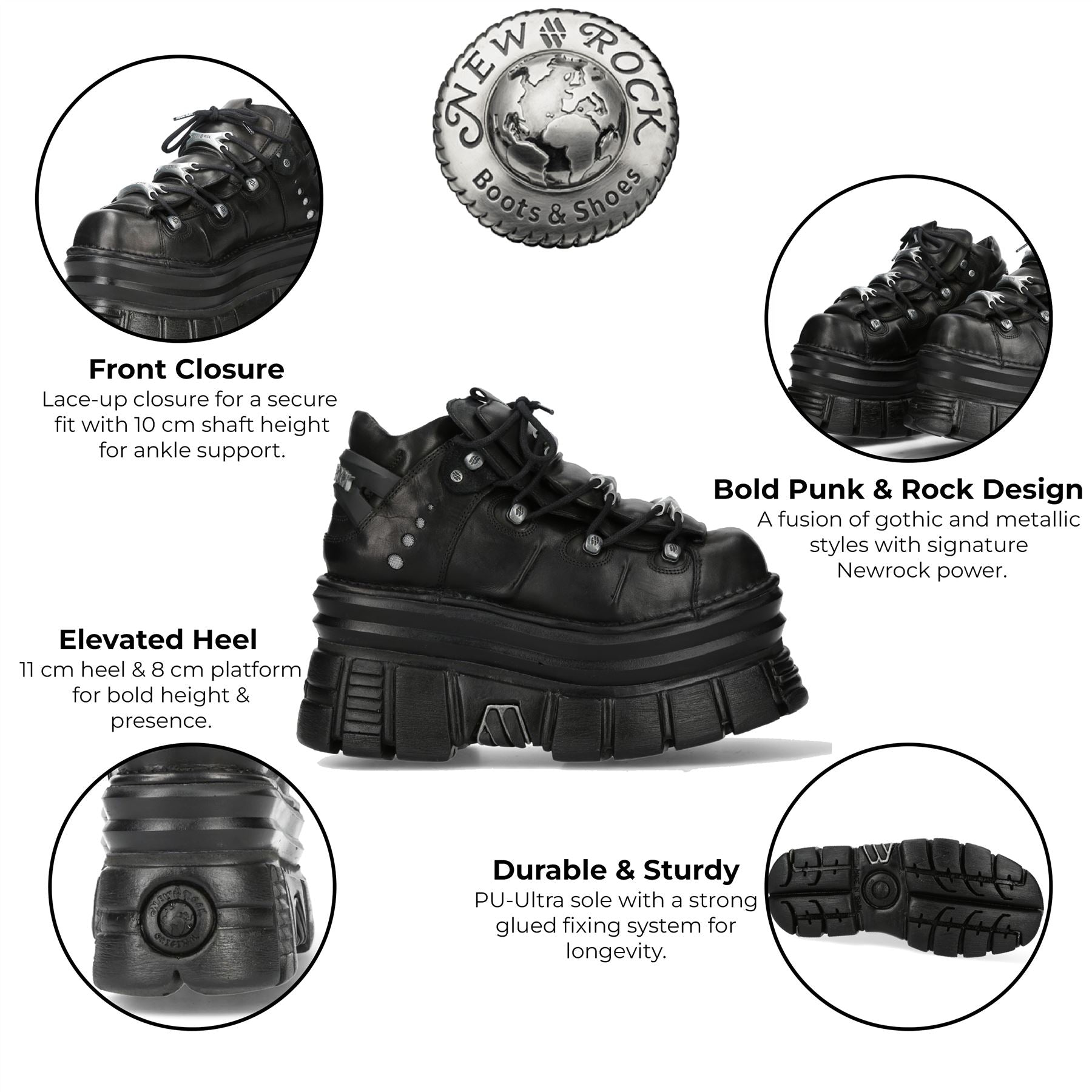 New Rock M-106-C178 Black Tower Gothic Punk Chunky Ankle Boots