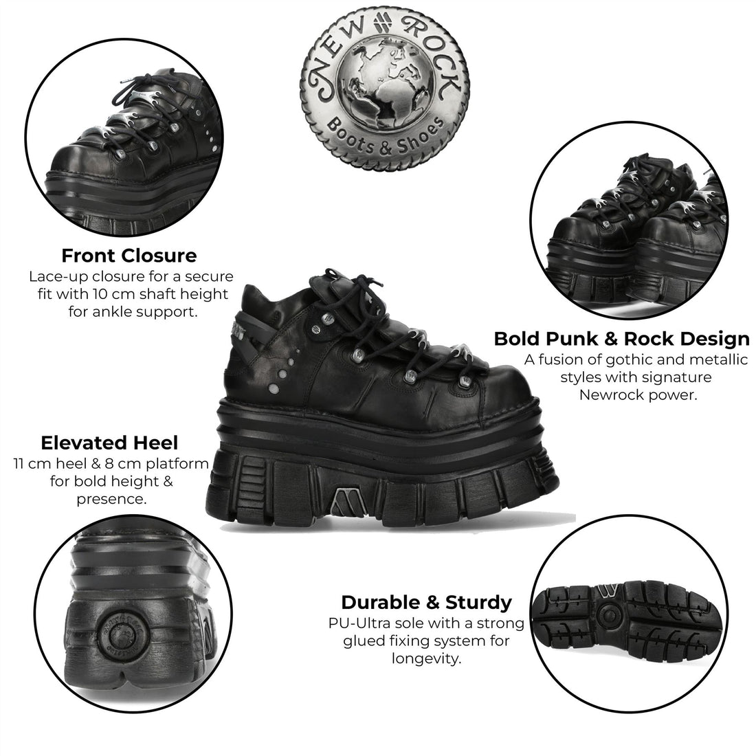 New Rock M-106-C178 Black Tower Gothic Punk Chunky Ankle Boots