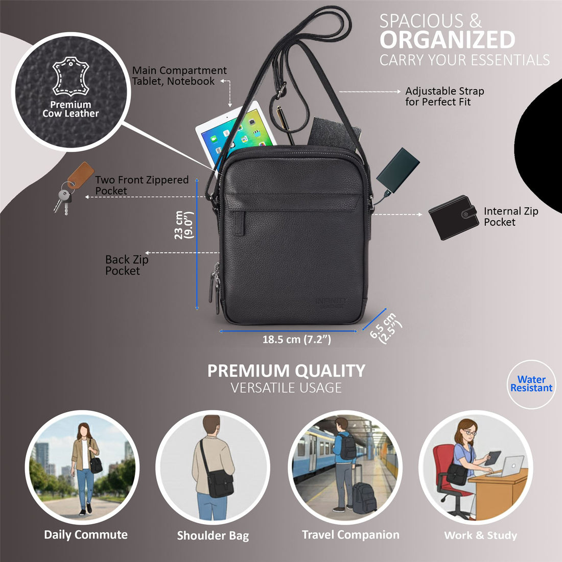 Genuine Leather Black Vintage Messenger Crossbody Travel Bag - Hawthrone