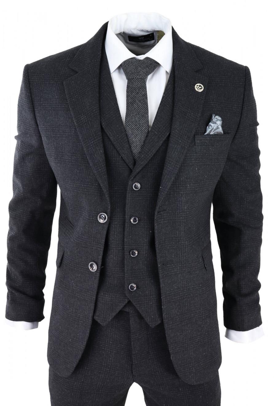 Mens Black 3 Piece Tweed Suit Peaky Blinders 1920s Gatsby Classic Tailored Fit