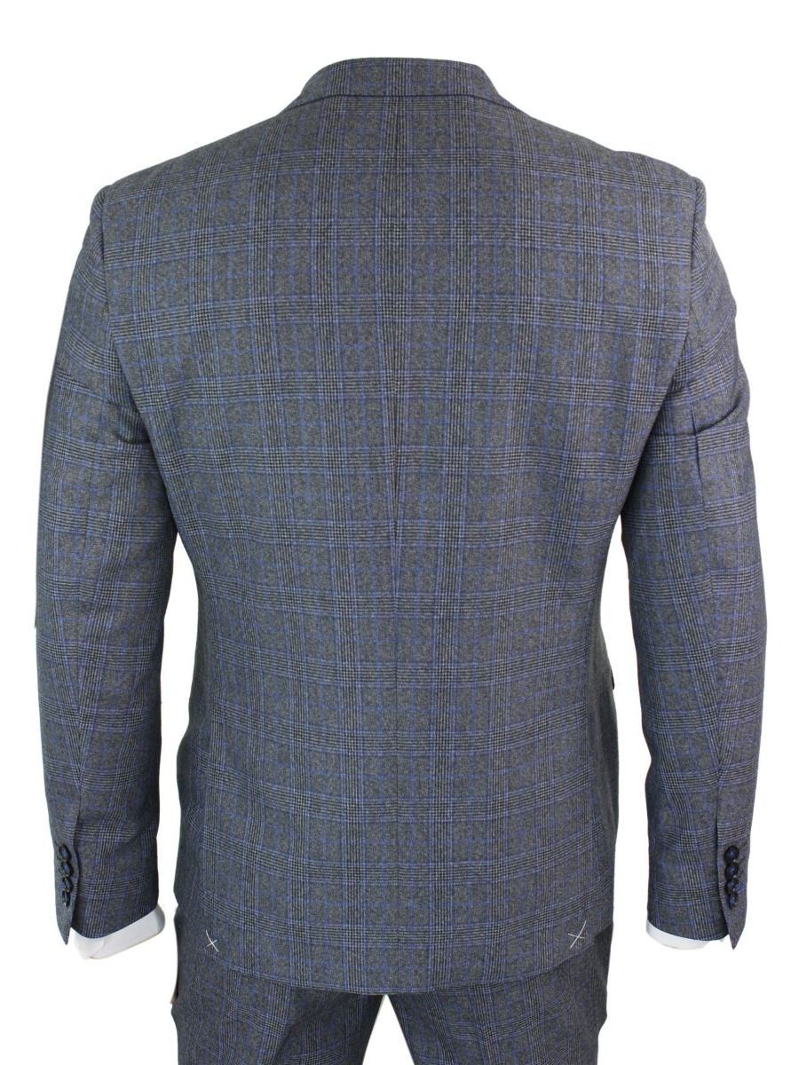 Mens 3 Piece Grey Blue Check Vintage Retro Suit