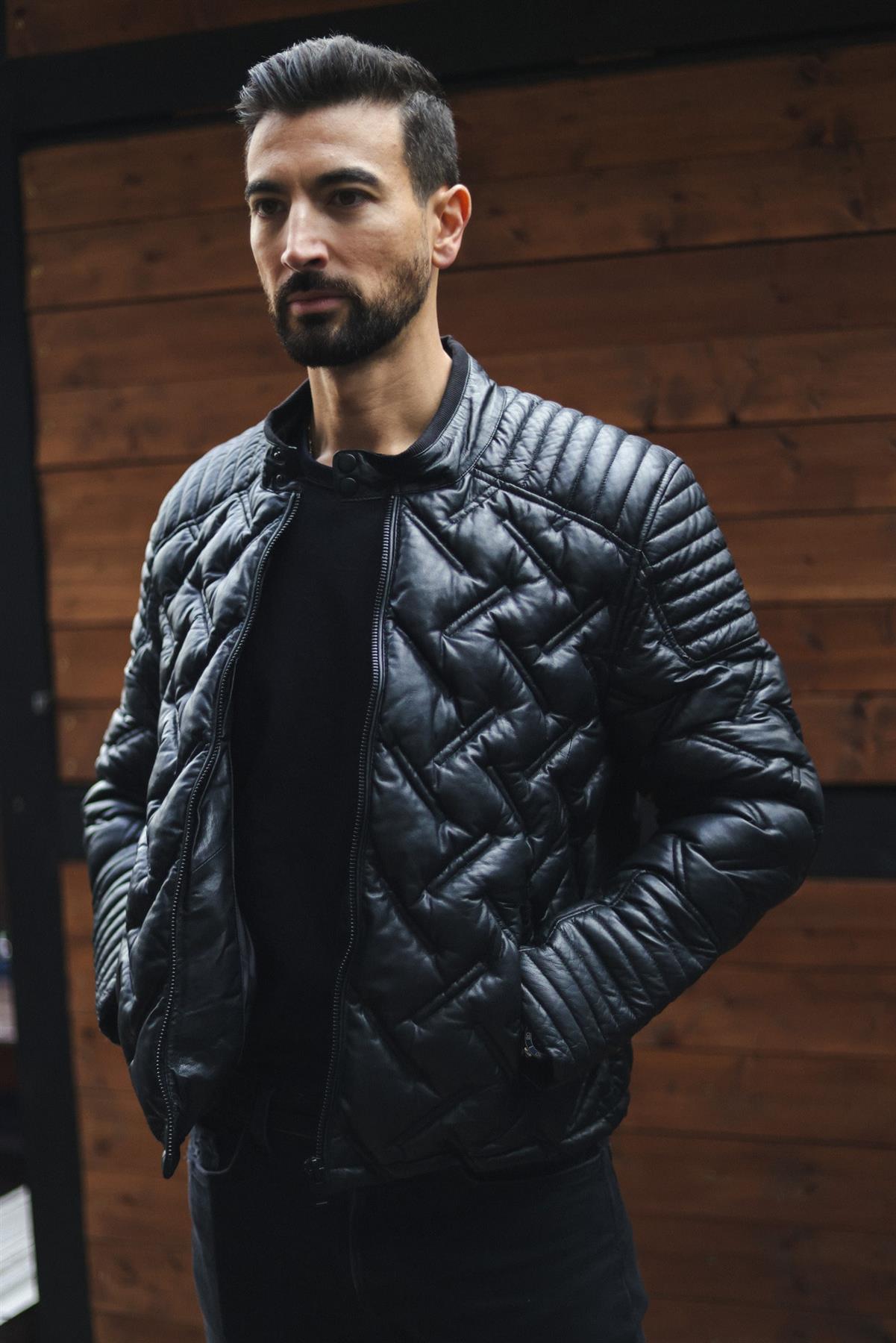 Mens Black Puffer Leather Biker Jacket - Tilbury