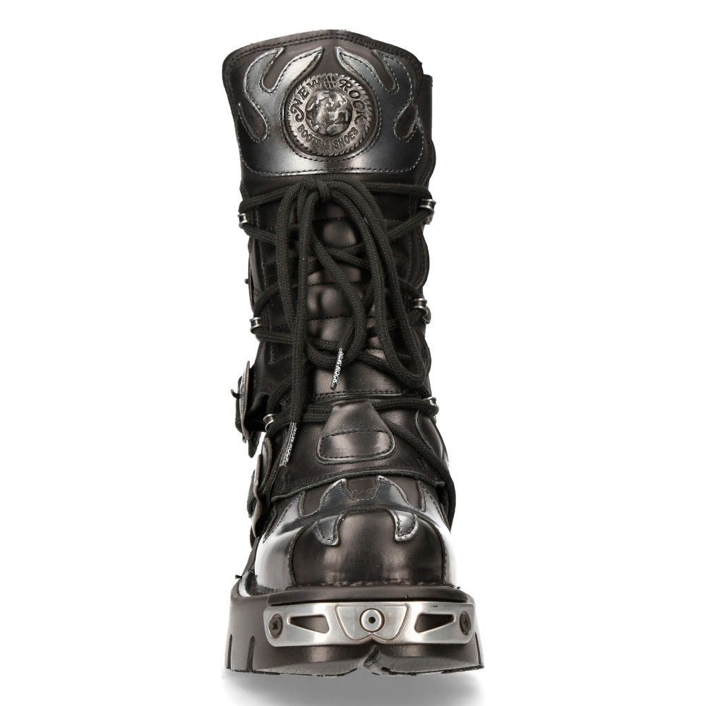 New Rock Flame Accented Black/Silver Leather Boots-591-S2