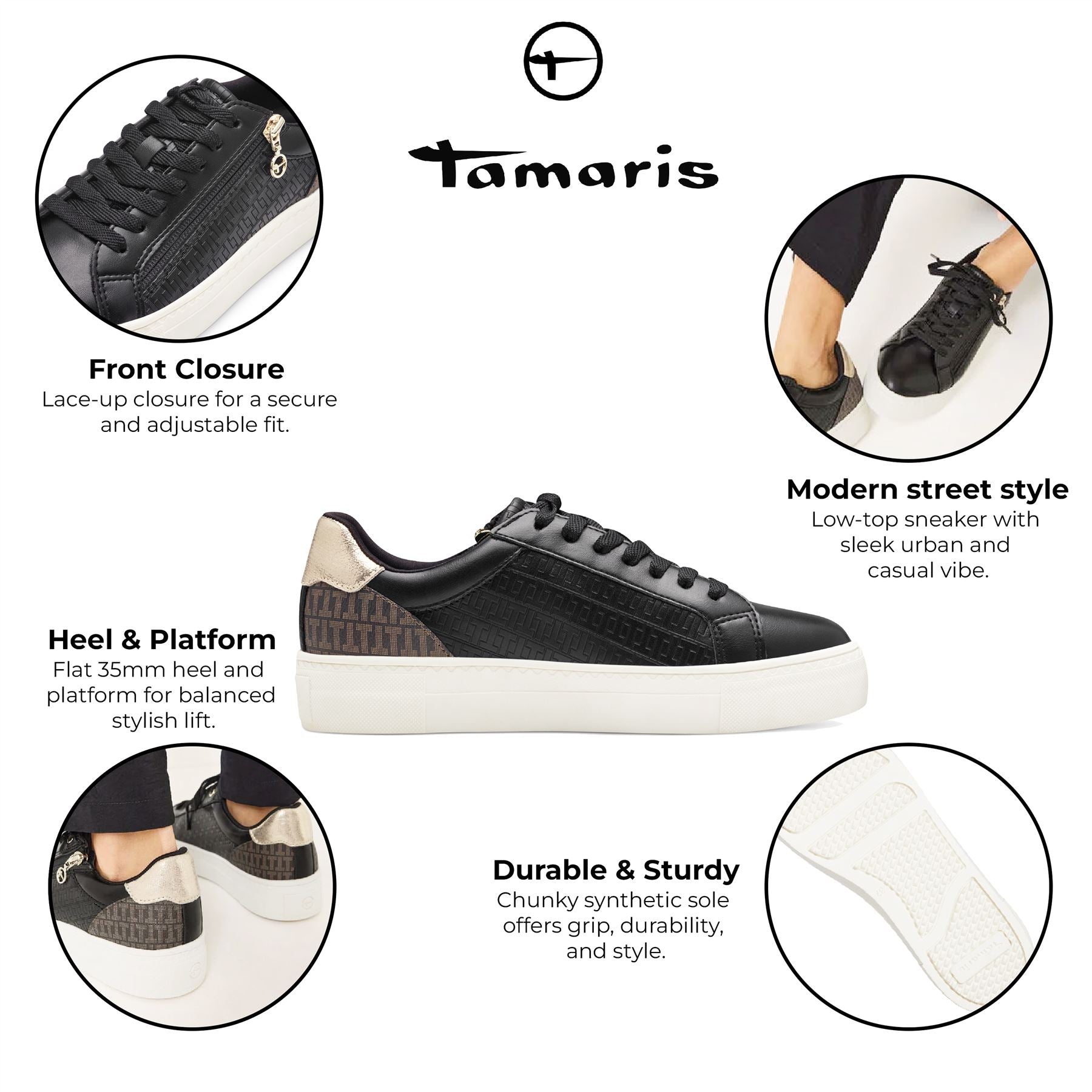 Tamaris Womens Black Gold Faux Leather Fashion Lace Up Sneakers