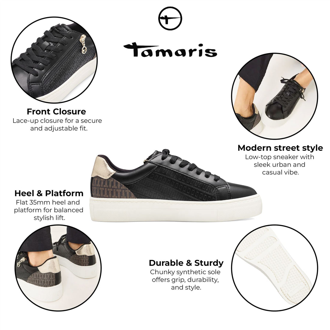 Tamaris Womens Black Gold Faux Leather Fashion Lace Up Sneakers