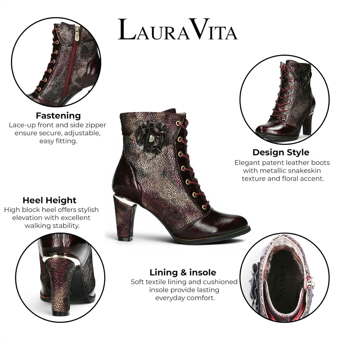 Laura Vita Womenโs Wine Leather Floral Heeled Lace-Up Boots - Alcbaneo 173
