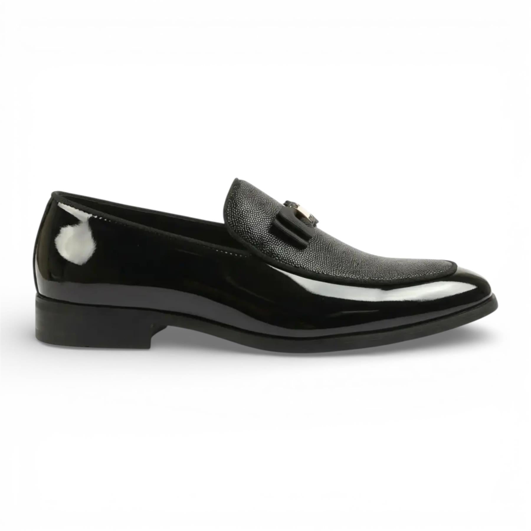 Mens Black Textured Front Iconic Buckle Bow Loafers Shoes