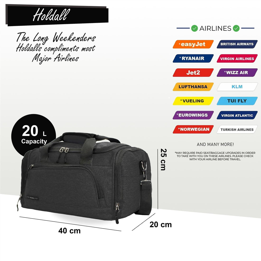 Holdall Carry On 40x 20 x25cm Under-seat Travel Duffel Bag for Ryanair, Easy Jet Black