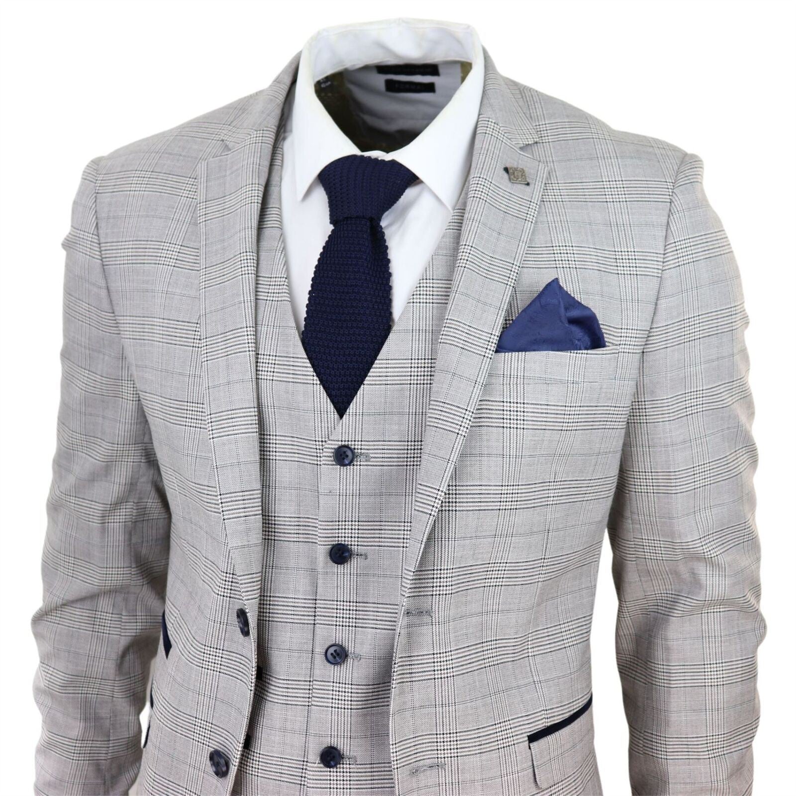 Mens Grey 3 Piece Tan Brown Check Tailored Fit Suit