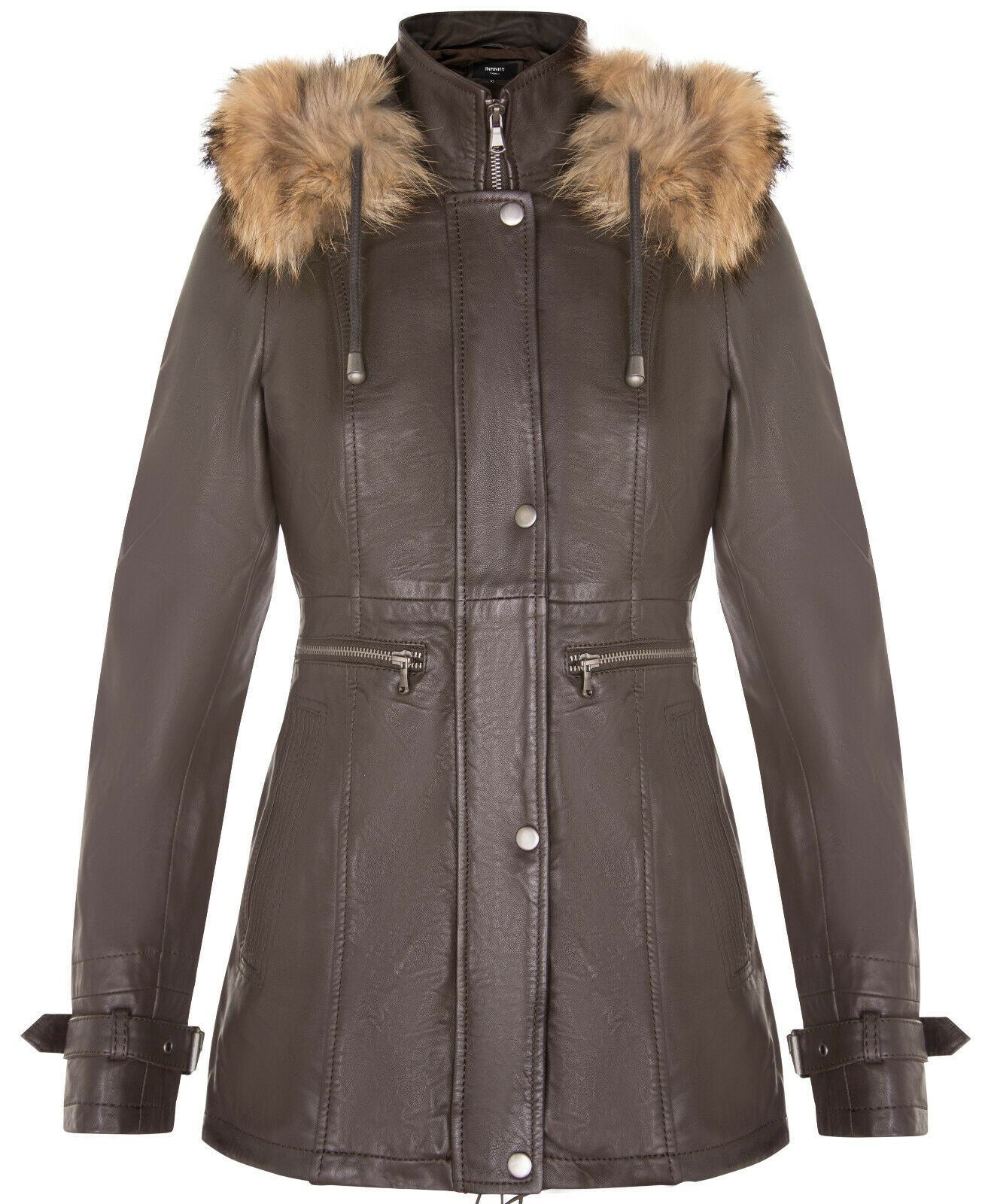 Womens Warm Leather Hooded Parka Jacket-Northwich