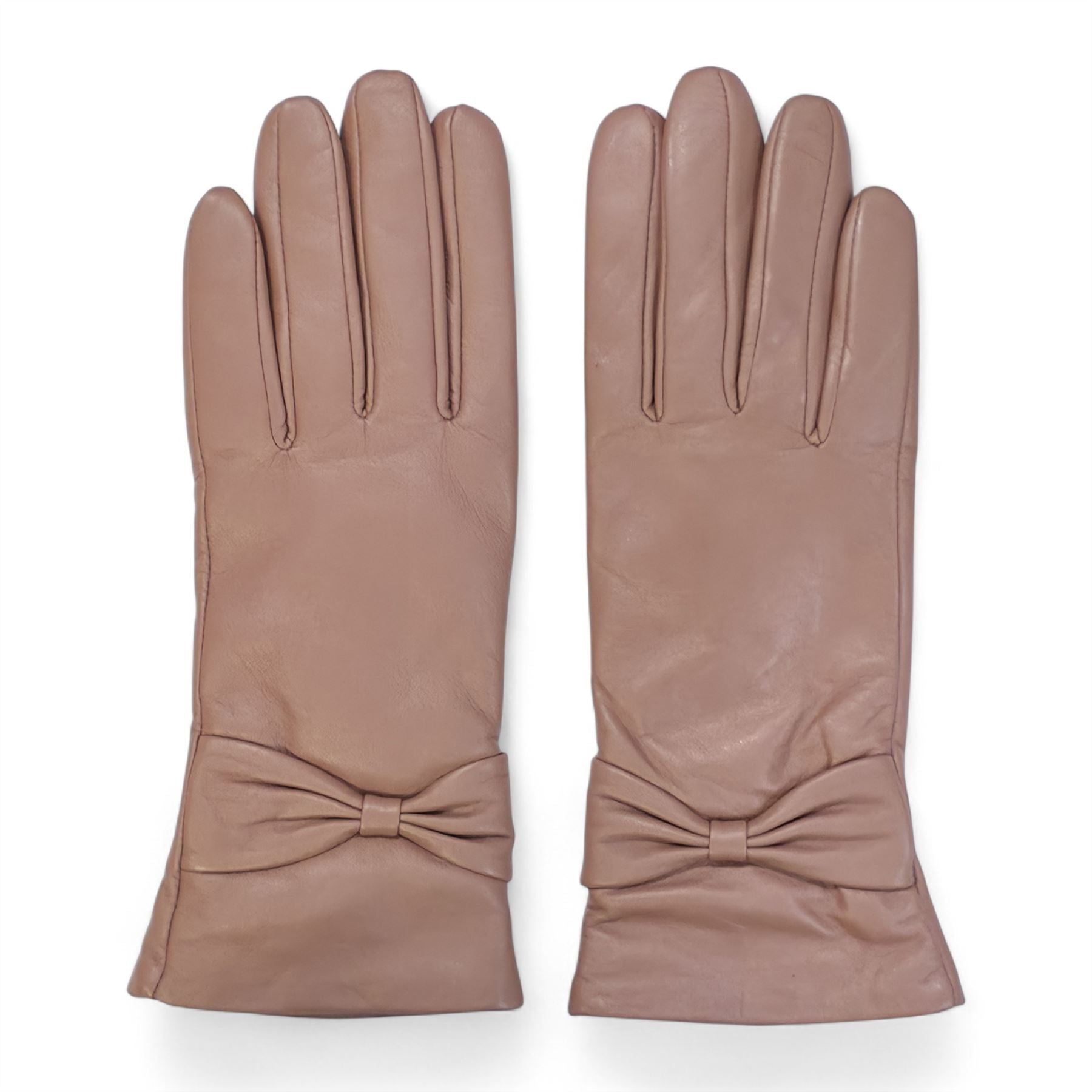 Womens Italian Leather Winter Bow Design Soft Wool Lining Gloves - L-GLV-401