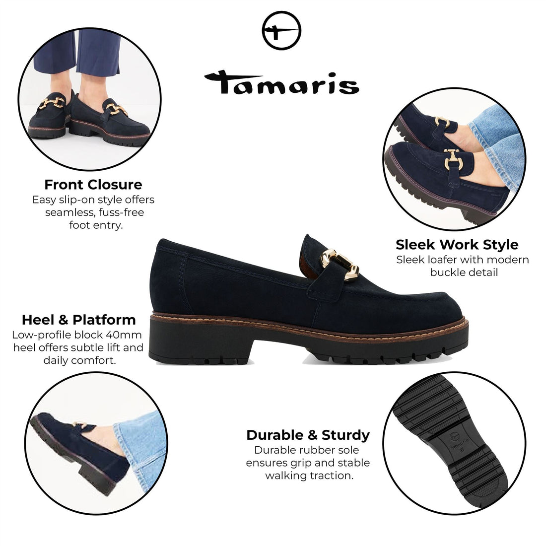 Tamaris Womens Navy Blue Leather Loafers Slip-On Platform Shoes