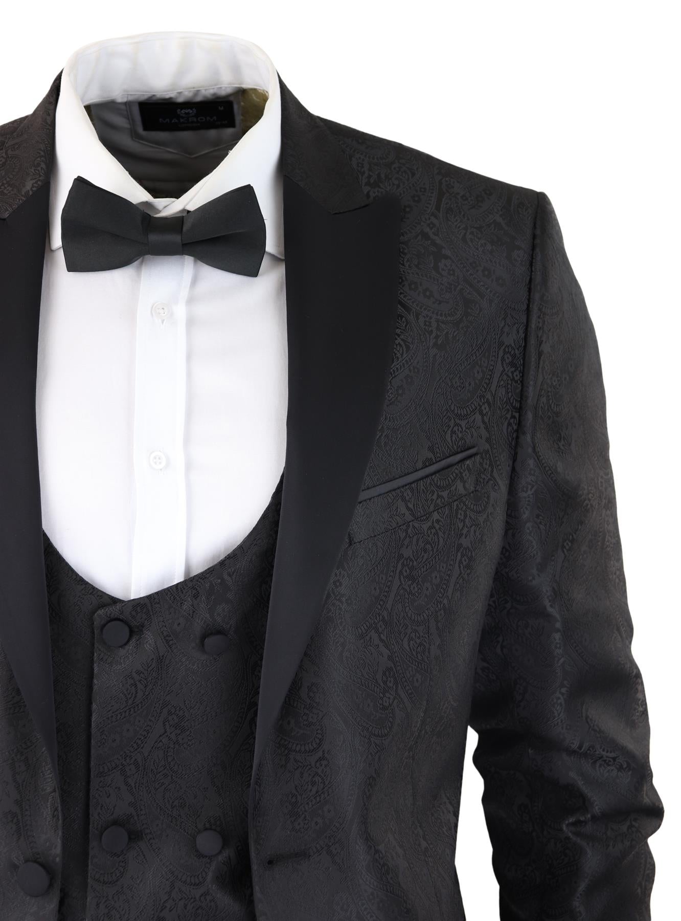 Mens Black Tuxedo Blazer Waistcoat Brocade Satin Paisley Formal Dinner Jacket