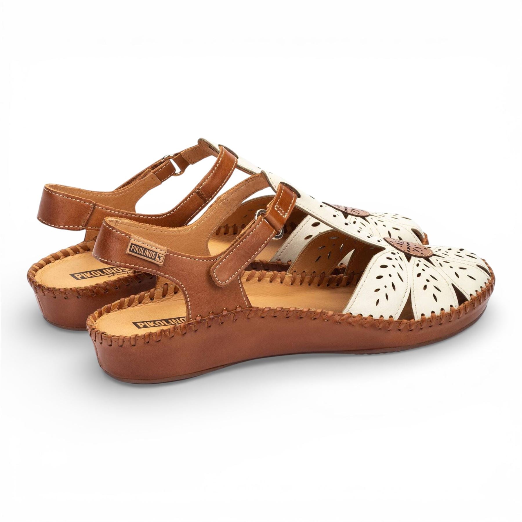 Pikolinos Women’s Tan Cream Leather Cushioned Wedge Sandal Shoes - P-Vallarta