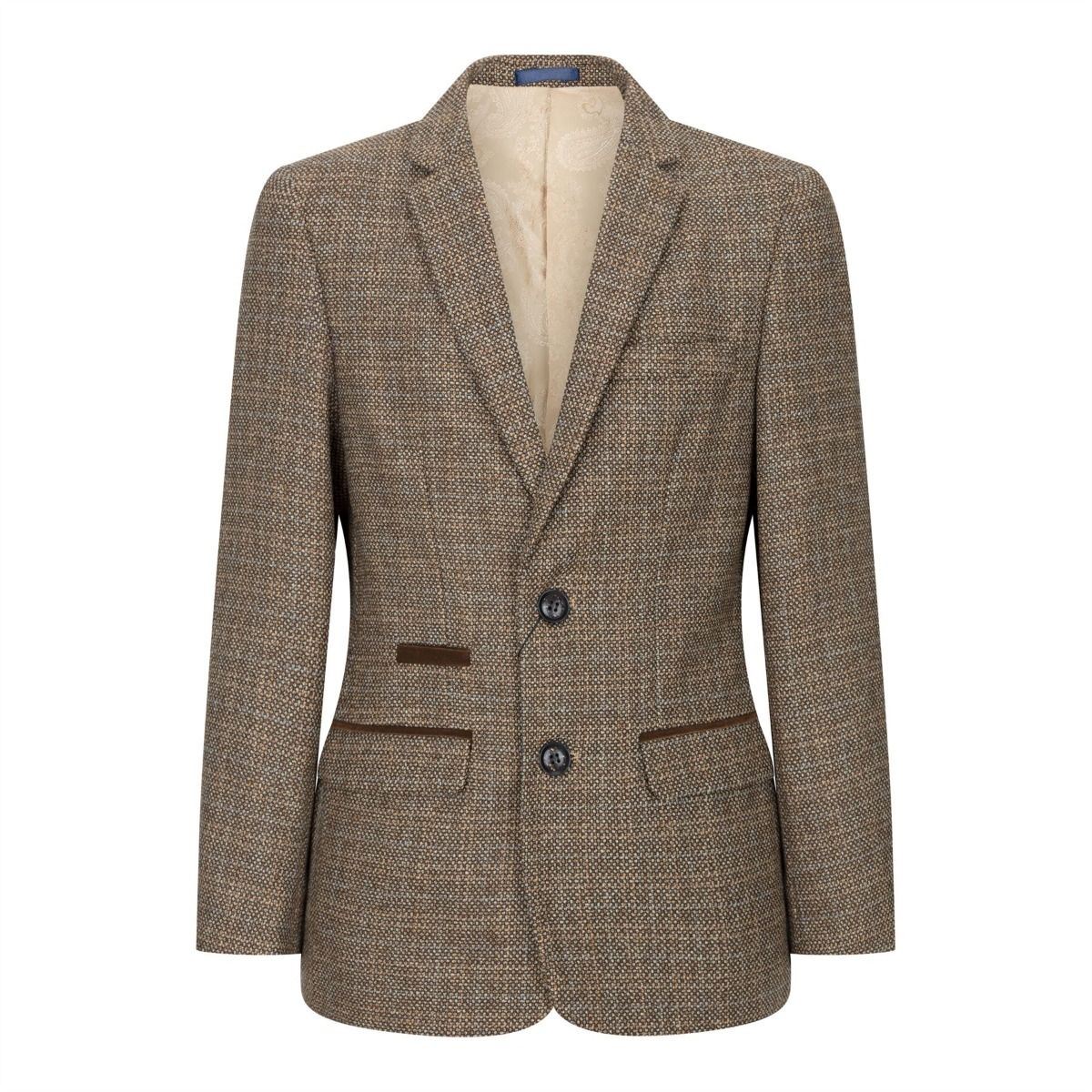 Boys 3 Piece Brown Tweed Check Vintage Retro Suit
