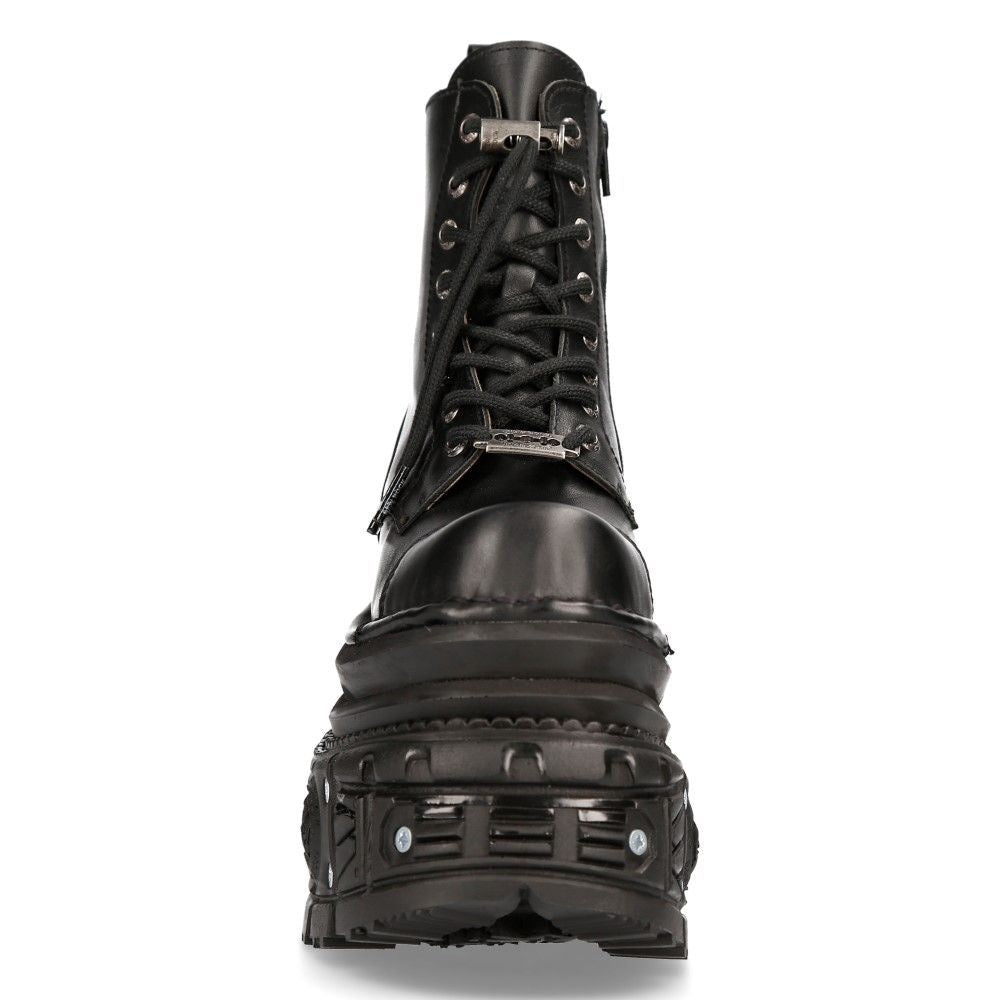 New Rock Metallic Black Leather Military Boots- MILI083CCT-C4