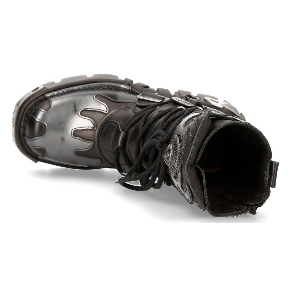 New Rock Flame Accented Black/Silver Leather Boots-591-S2