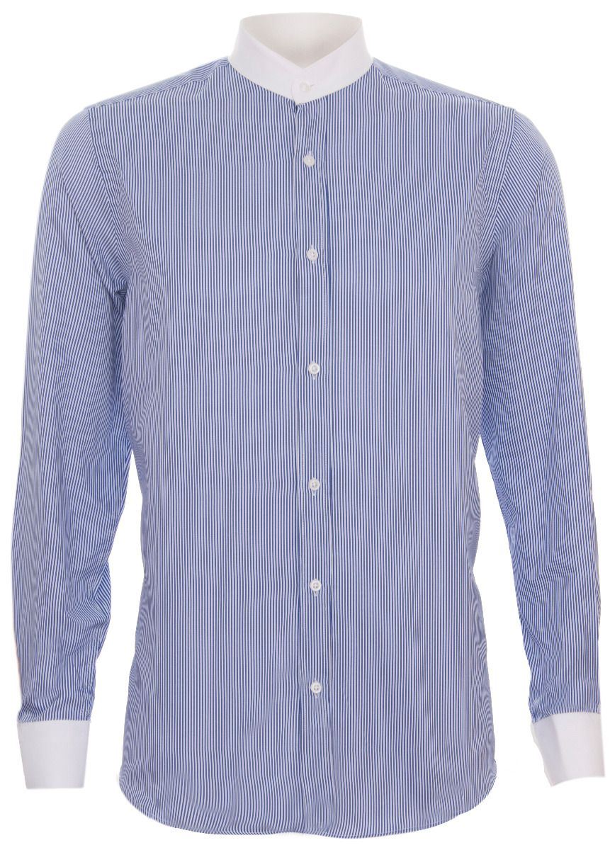 Mens Peaky Blinders Removable Collar Nehru Royal Blue Striped Collarless Shirt