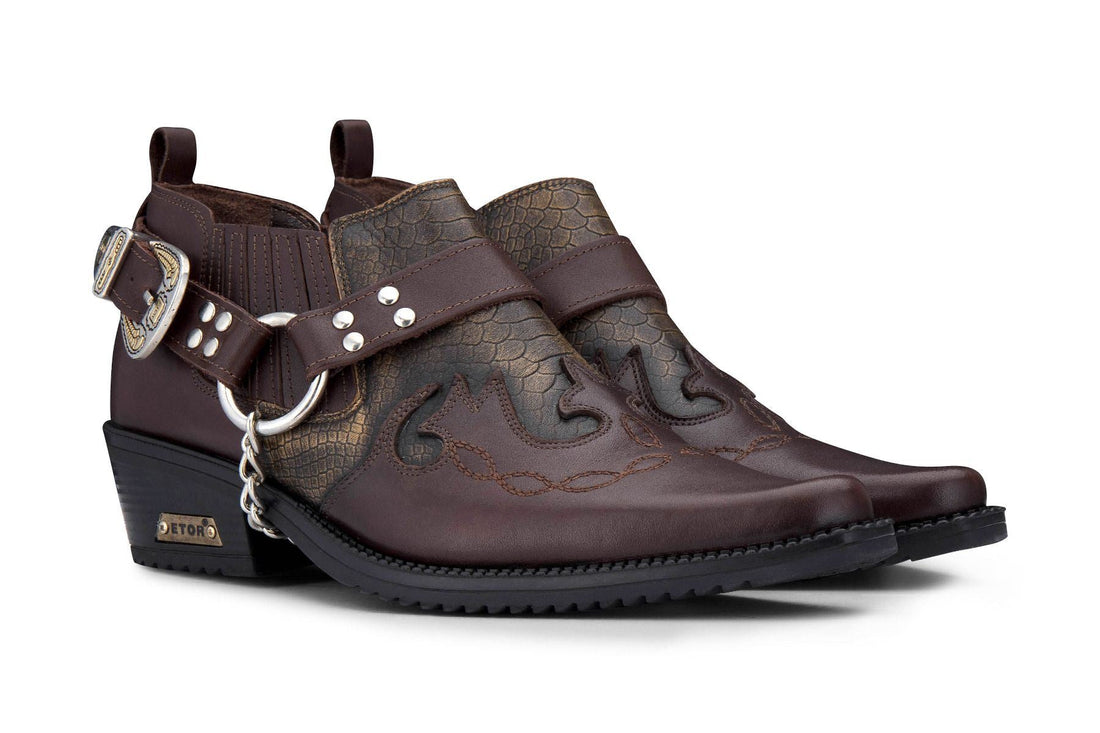 MenβS Brown Snakeskin Winklepicker Leather Biker Boots