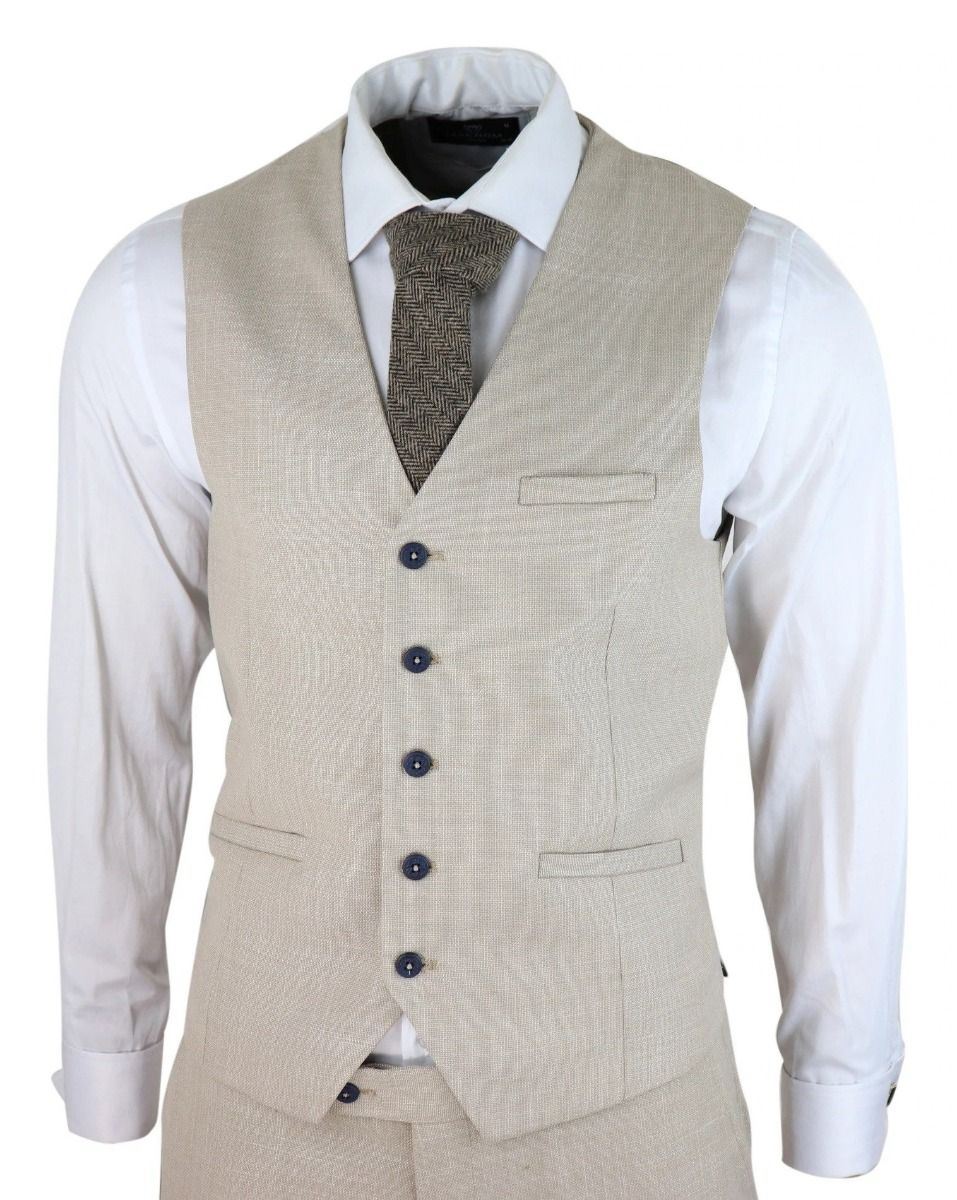 Mens 3 Piece Cream Linen Summer Spring Classic Suit