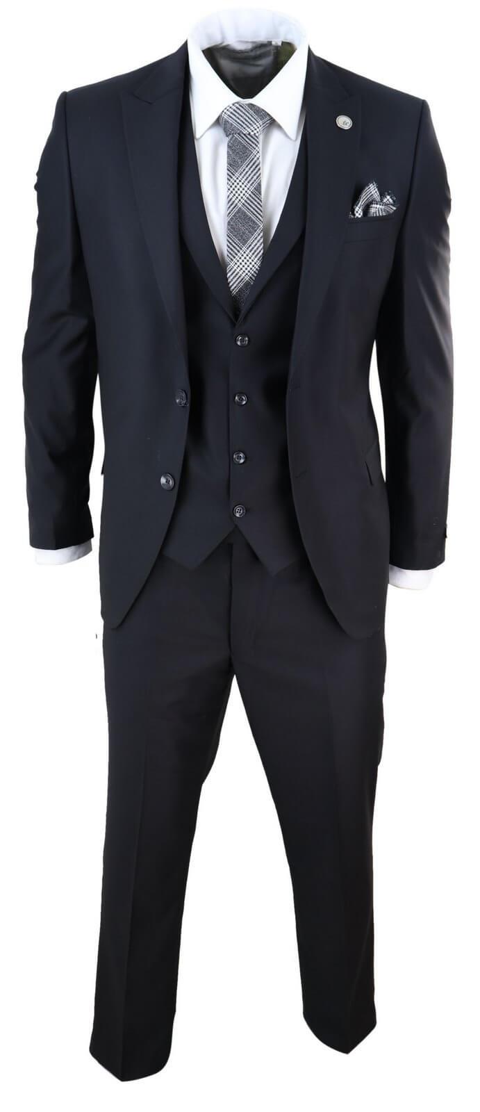 New Mens 3 Piece Suit Plain Black Classic Tailored Fit Smart Casual 1920s Formal