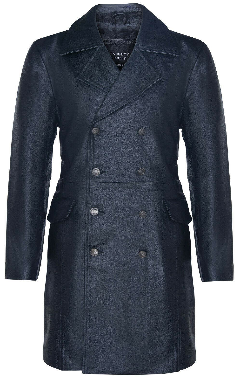 Mens Long Black Cowhide Leather Peacoat-Ellesmere