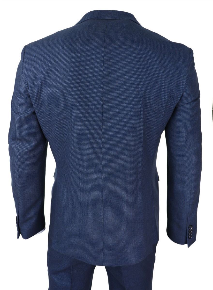 Mens 3 Piece Navy Blue Birdseye Tweed Classic Suit