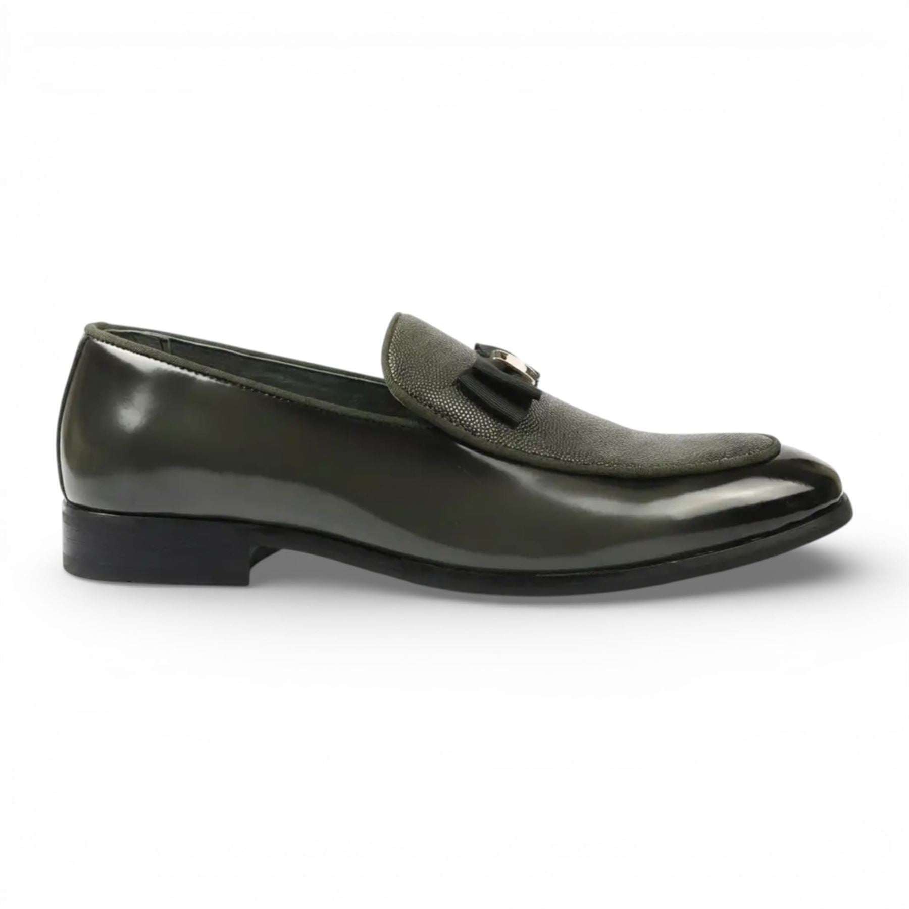 Mens Olive Green Textured Front Iconic Buckle Bow Loafers Shoes Upperclass Fashions Mens Olive Green Textured Front Iconic Buckle Bow Loafers Shoes Upperclass Fashions