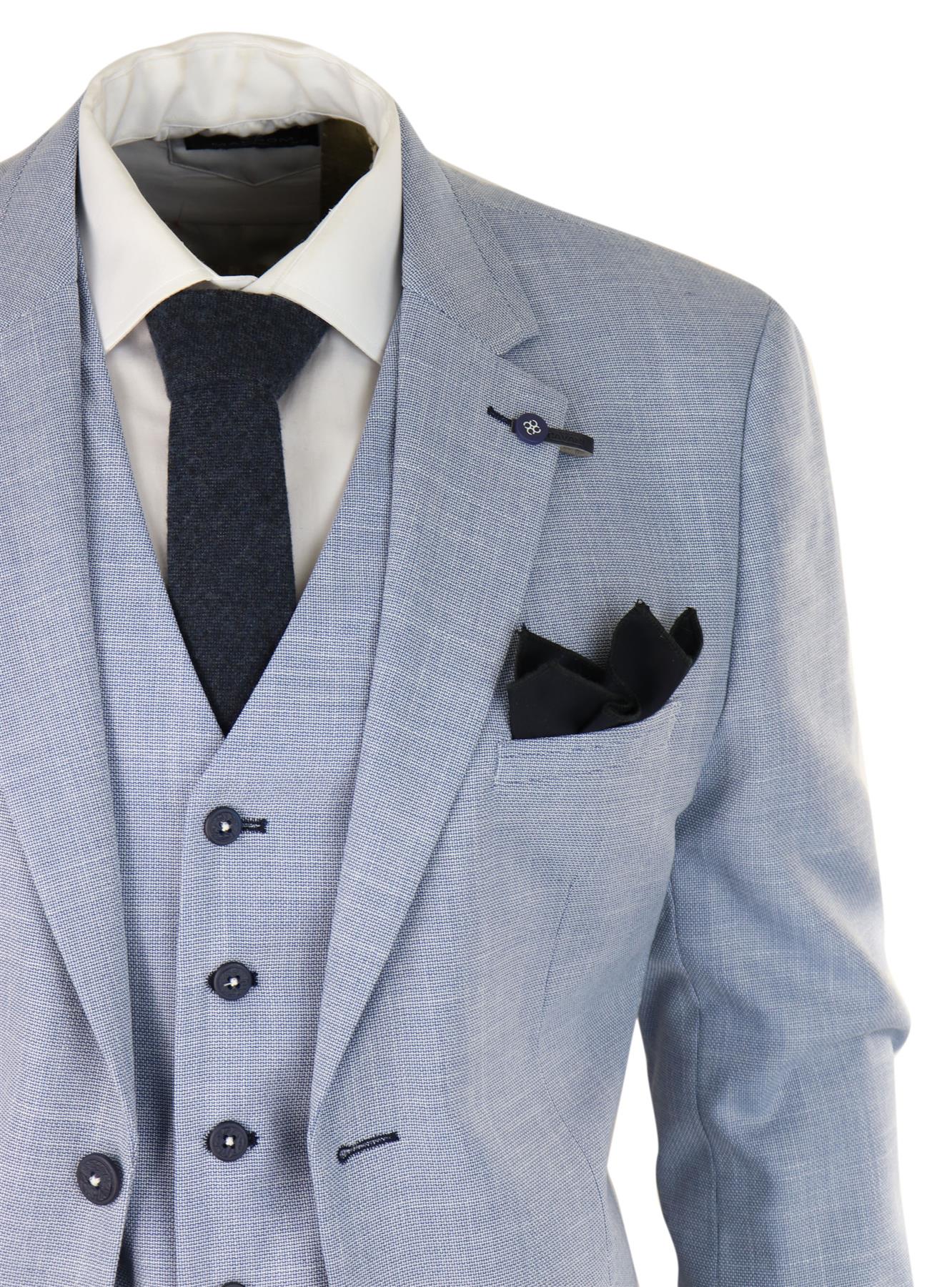 Mens 3 Piece Linen Suit Light Blue Summer Tailored Fit Wedding Prom Classic Suit