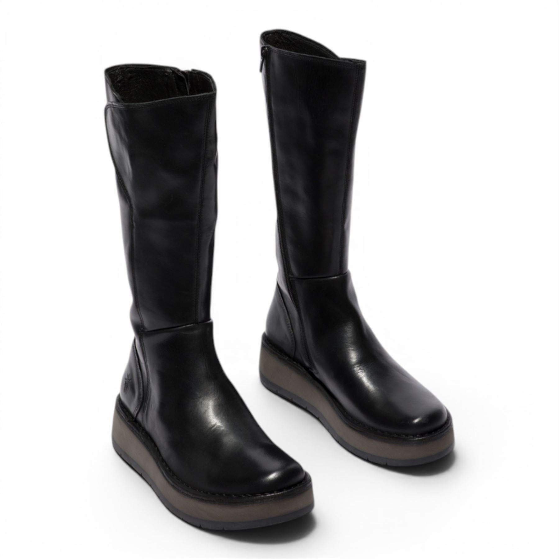 Fly London Womens Black Leather High Pull On Long Boots - RHEA042