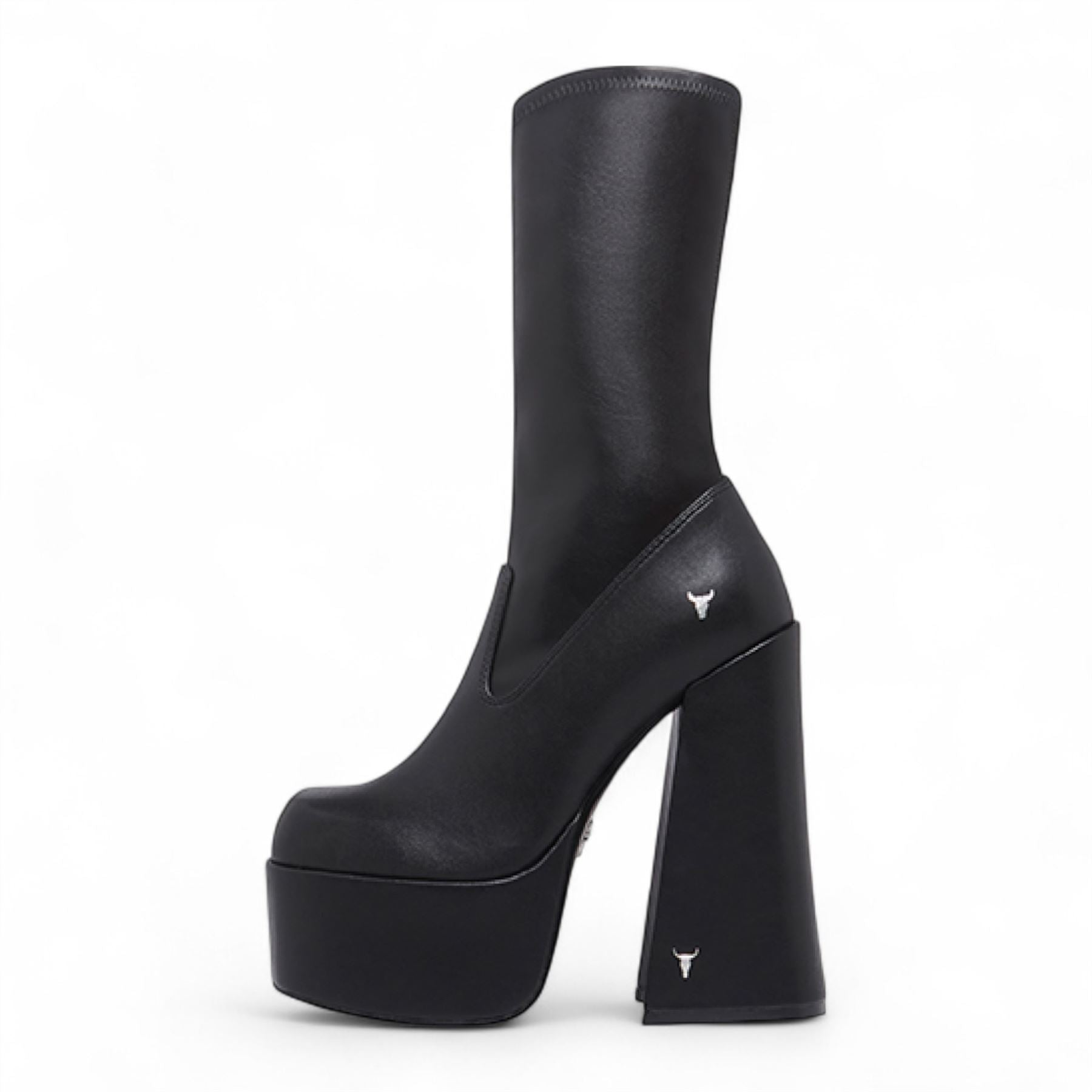 Windsorsmith Womens Black Mid-Calf Sock Platform Goth Heel Boots - Saviour