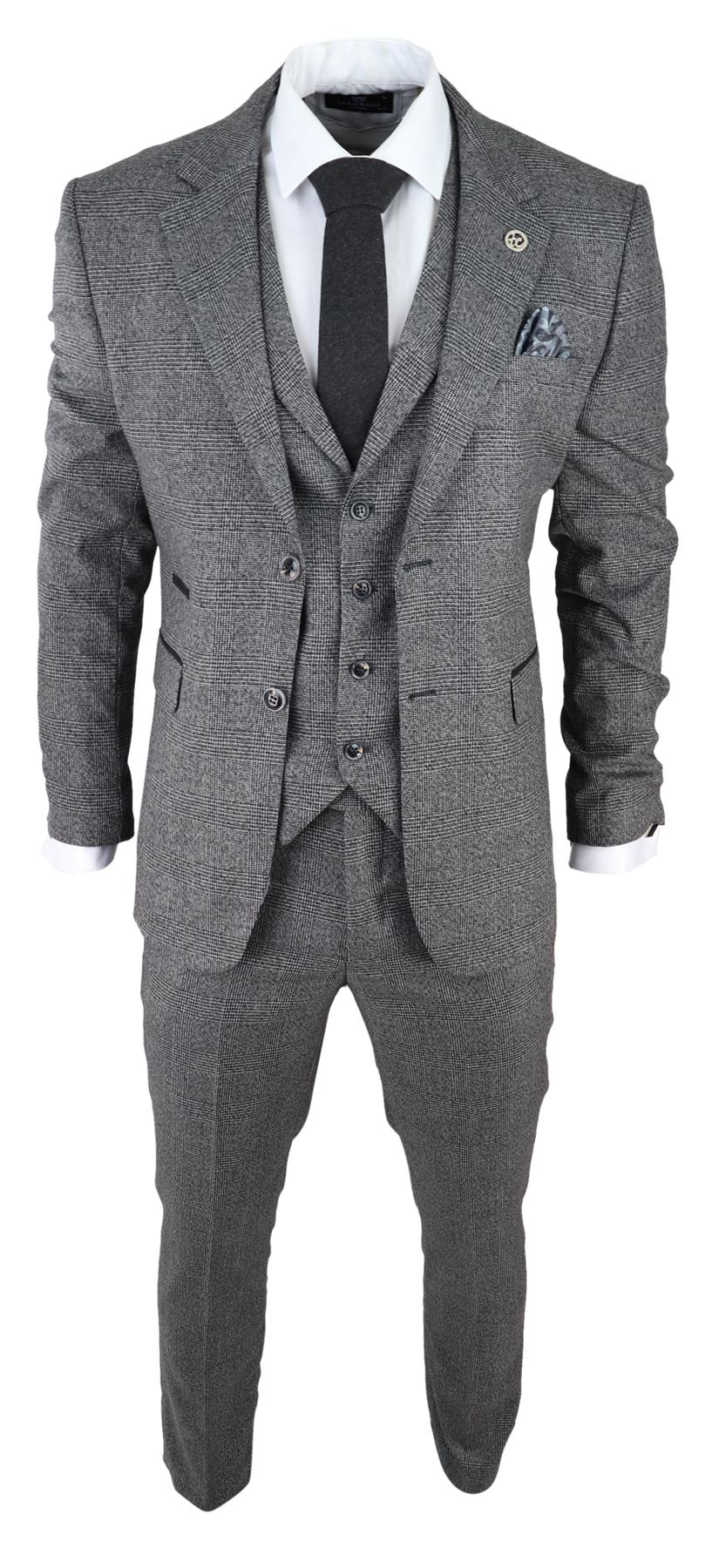 Mens Grey 3 Piece Suit Prince of Wales Check Classic Tailored Fit Wedding Suit