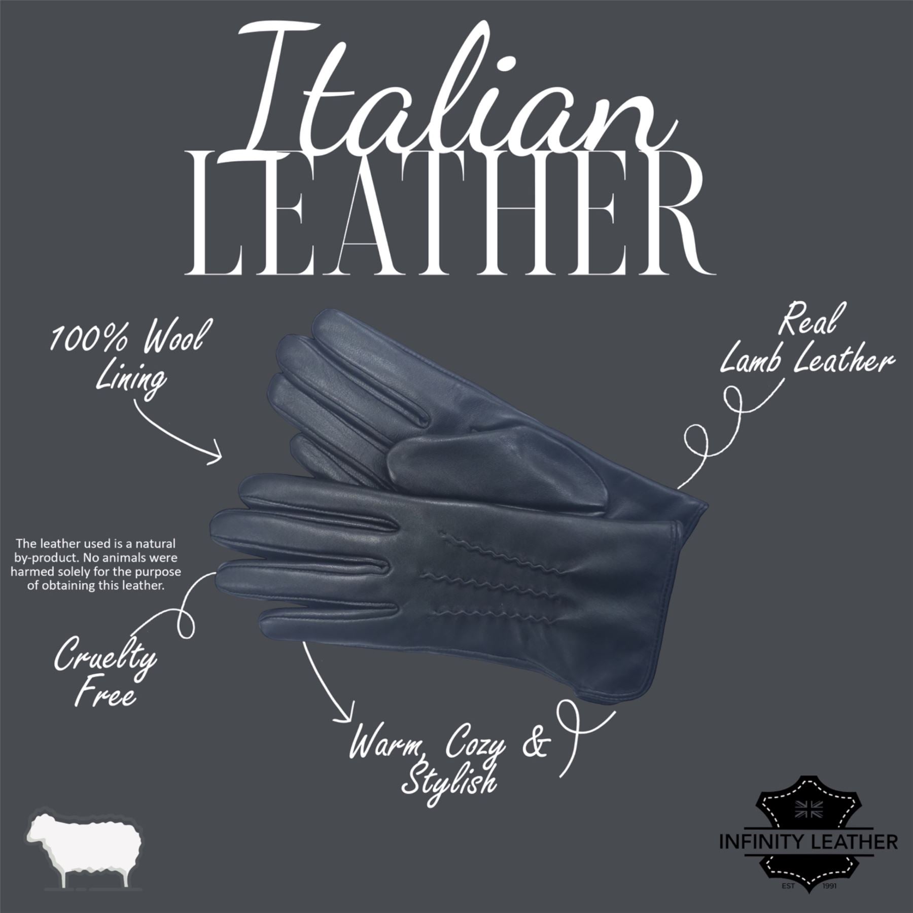 Womens Italian Leather Winter Stitch Line Design Soft Wool Lining Gloves