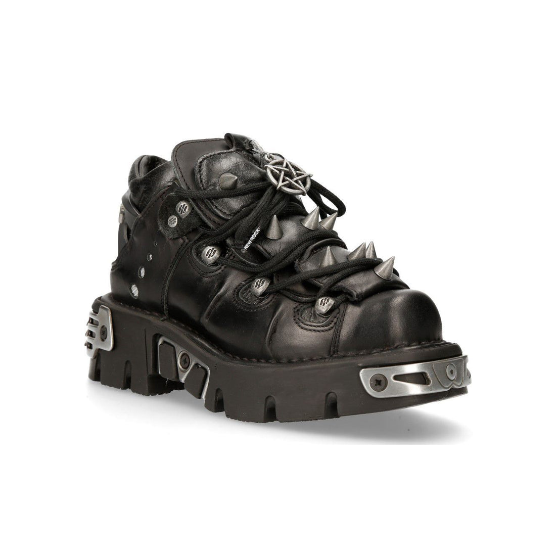 New Rock Black Leather Spiked Ankle Boots-110-S1
